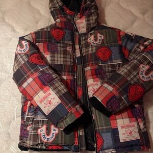 Kids Plaid Patchwork Puffer Jacket - Red Multi